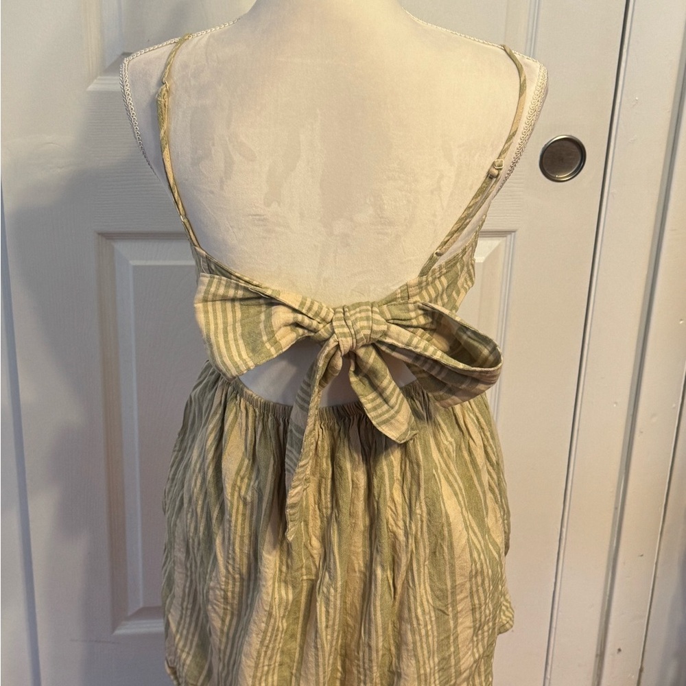 American Eagle Outfitters Green Beige Striped  Summer Cutout Midi Bow Dress - Picture 7 of 10